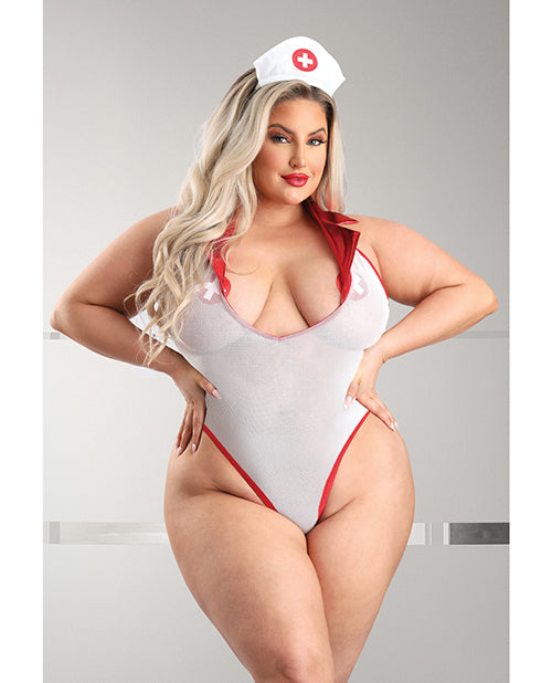 Play Pulse Check Collared Teddy w/Open Back, Pleated Skirt, Medic Hat Pasties Red/White 1X/2X
