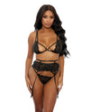 Eyelash Lace Bra, High Waist Garter Belt &amp; G-String Black XL