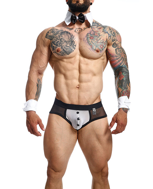 Male Basics MOB Maitre D Brief, Bow &amp; French Cuffs Black/White SM