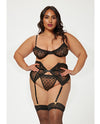 Valentines Heart Embroidered Mesh Bra, Waspie &amp; Panty Black 1X/2X
