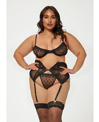 Valentines Heart Embroidered Mesh Bra, Waspie &amp; Panty Black 1X/2X