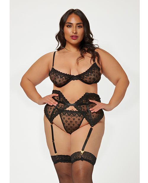 Valentines Heart Embroidered Mesh Bra, Waspie &amp; Panty Black 1X/2X