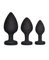 Gemsations 3 pc 2.75" + 3.15" + 3.7" Silicone Bling Bling Heart Butt Plug Training Set - Black