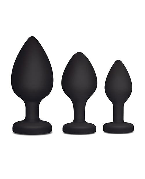 Gemsations 3 pc 2.75" + 3.15" + 3.7" Silicone Bling Bling Heart Butt Plug Training Set - Black