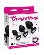 Gemsations 3 pc 2.75" + 3.15" + 3.7" Silicone Bling Bling Heart Butt Plug Training Set - Black