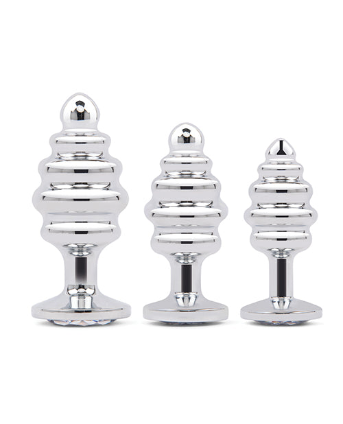 Gemsations 3 pc 2.95" + 3.25" + 3.7" Ripple Bling Bling Metal Butt Plug Training Set - Silver