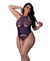 Leather &amp; Lace Stretch Mesh and Lace Underboob Cutout Corset &amp; Panty 2 pc Set - Plum 2X