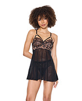 Lace and Mesh Underwire Babydoll w/Thong - Black/Rose Gold LG