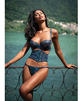 Eden Scalloped Eyelash Lace &amp; Wet Look Waspie 3 pc Set - Teal XL