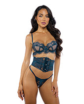 Eden Scalloped Eyelash Lace &amp; Wet Look Waspie 3 pc Set - Teal XL