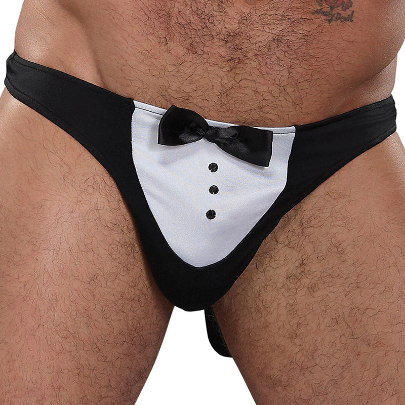 Male Power Novelty Maitre D' Thong-Black One Size-Boxed