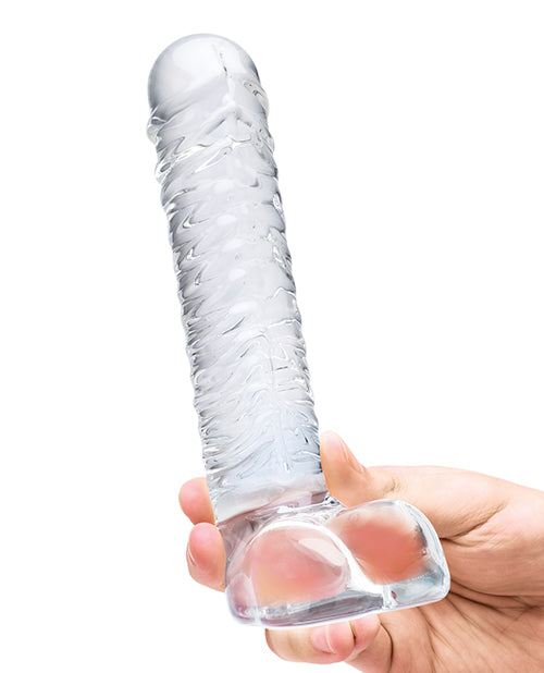 Glas 8; Realistic Ribbed Glass G-Spot Dildo w/Balls - Clear