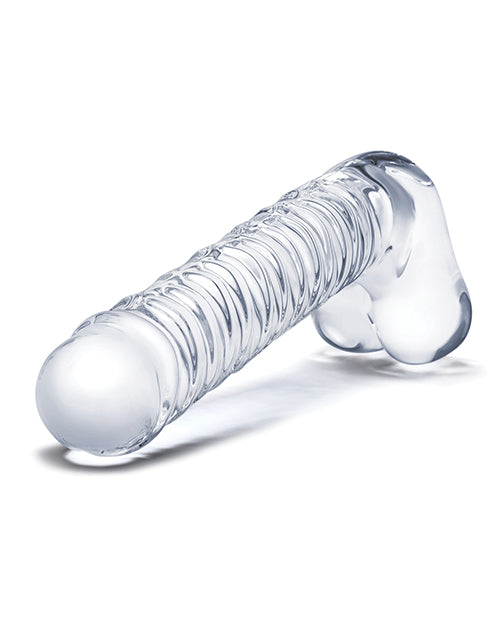 Glas 8; Realistic Ribbed Glass G-Spot Dildo w/Balls - Clear