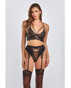 Everly Dot Mesh & Galloon Lace Strappy Bra, Garterbelt & Hipster Panty Black 1X