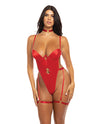 Mila Stretch Satin Padded Cup Teddy w/Heart Ring Detail Red LG