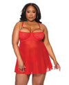 Holiday Scallop Stretch Lace &amp; Mesh Babydoll & Thong Red/Gold 3X/4X