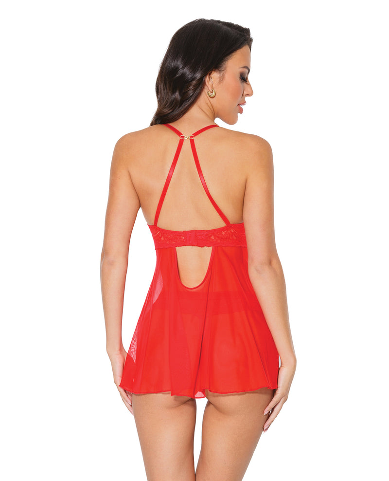 Holiday Scallop Stretch Lace & Mesh Babydoll & Thong Red/Gold XL