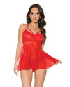 Holiday Scallop Stretch Lace & Mesh Babydoll & Thong Red/Gold SM