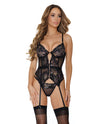 Metallic Stretch Lace Garter Belt Bustier w/Lace Up Closure &amp; Thong Black/Rose Gold X-Large