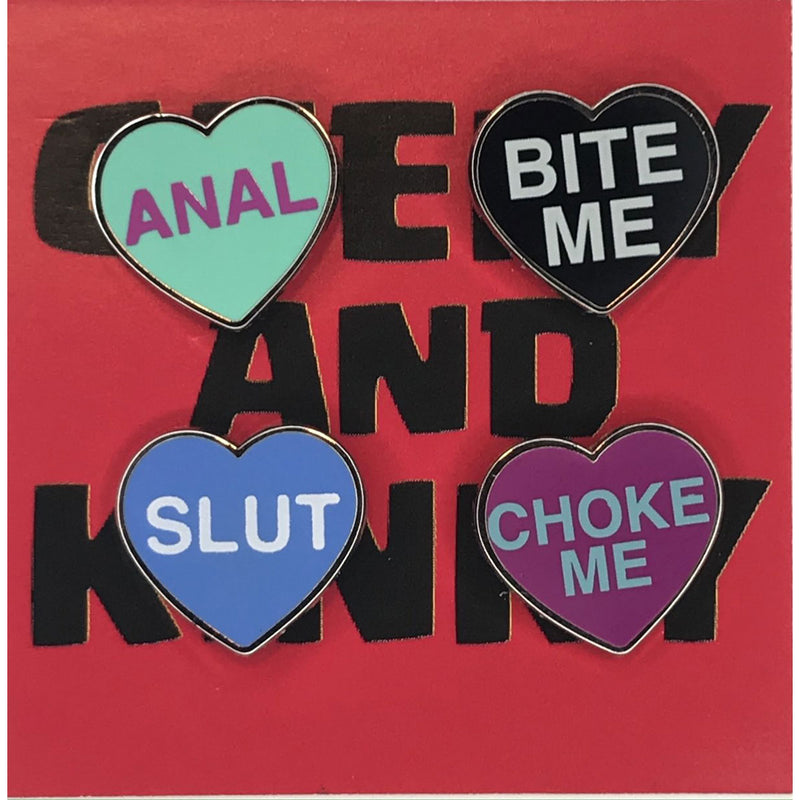 Geeky and Kinky Heart Pin 4 pk (anal - slut - bite me - choke me)
