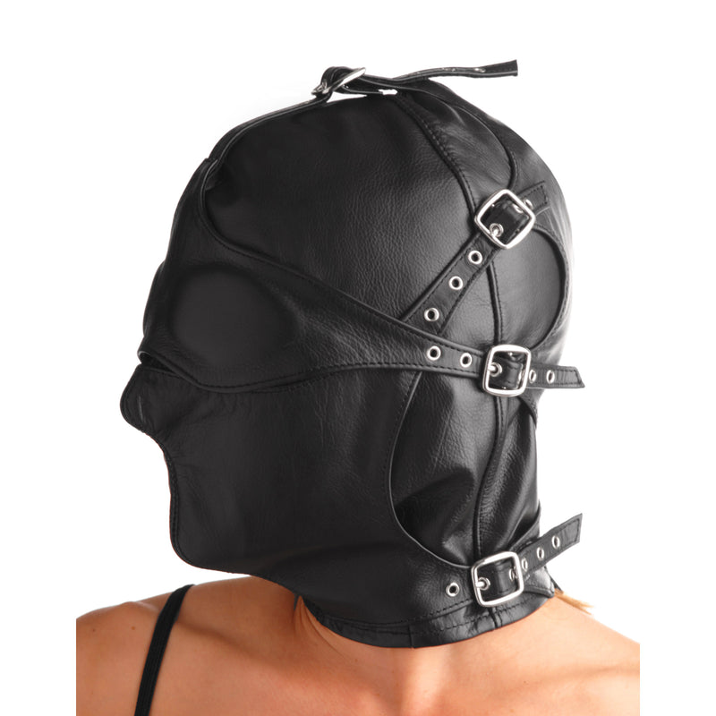 Asylum Leather Hood with Removable Blindfold and Muzzle- ML